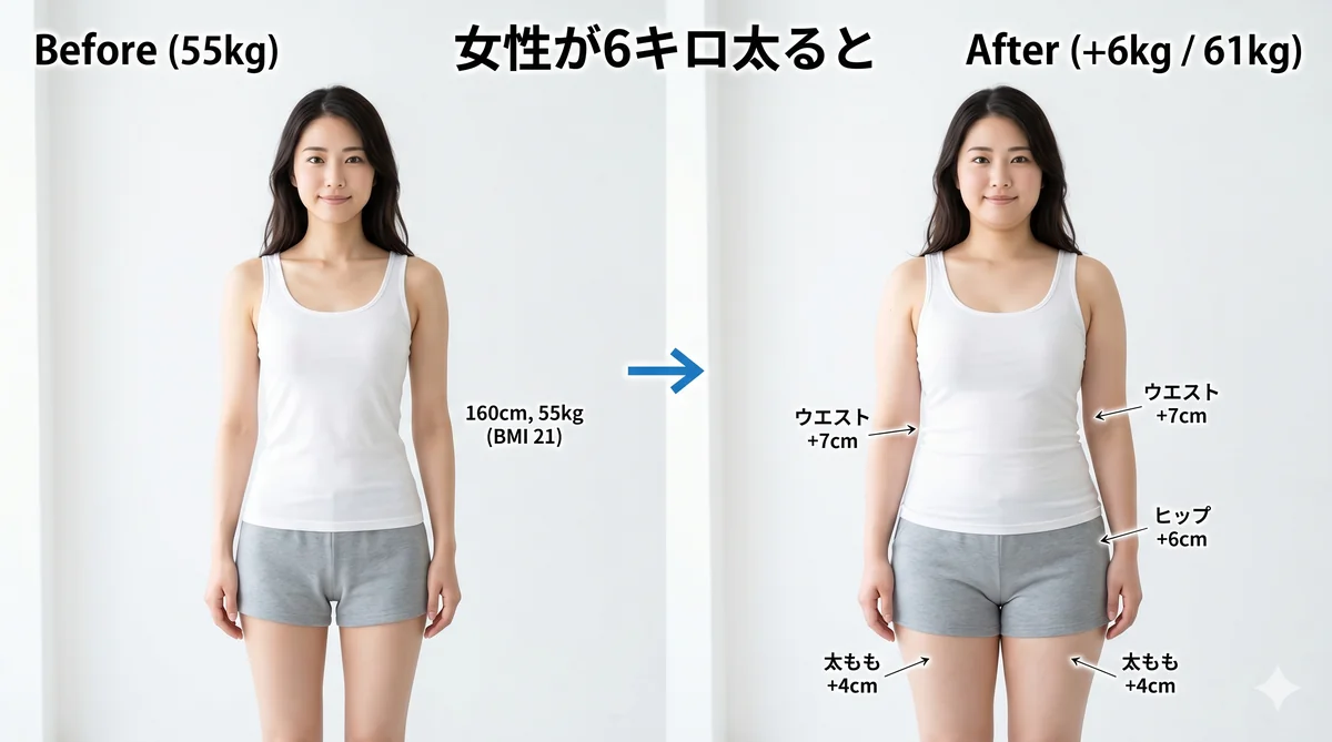 6キロ太ると女性の見た目はこう変わる(全身ビフォーアフター)