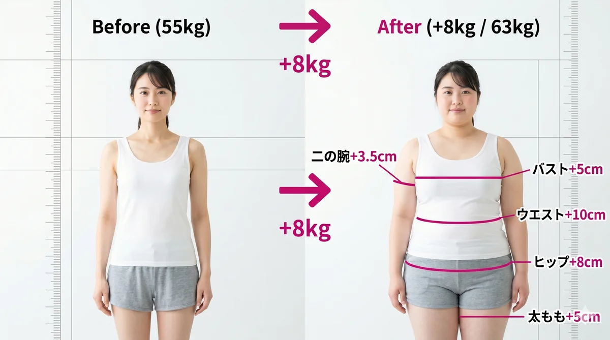 8キロ太った女性の体型変化イメージ（ビフォーアフター）