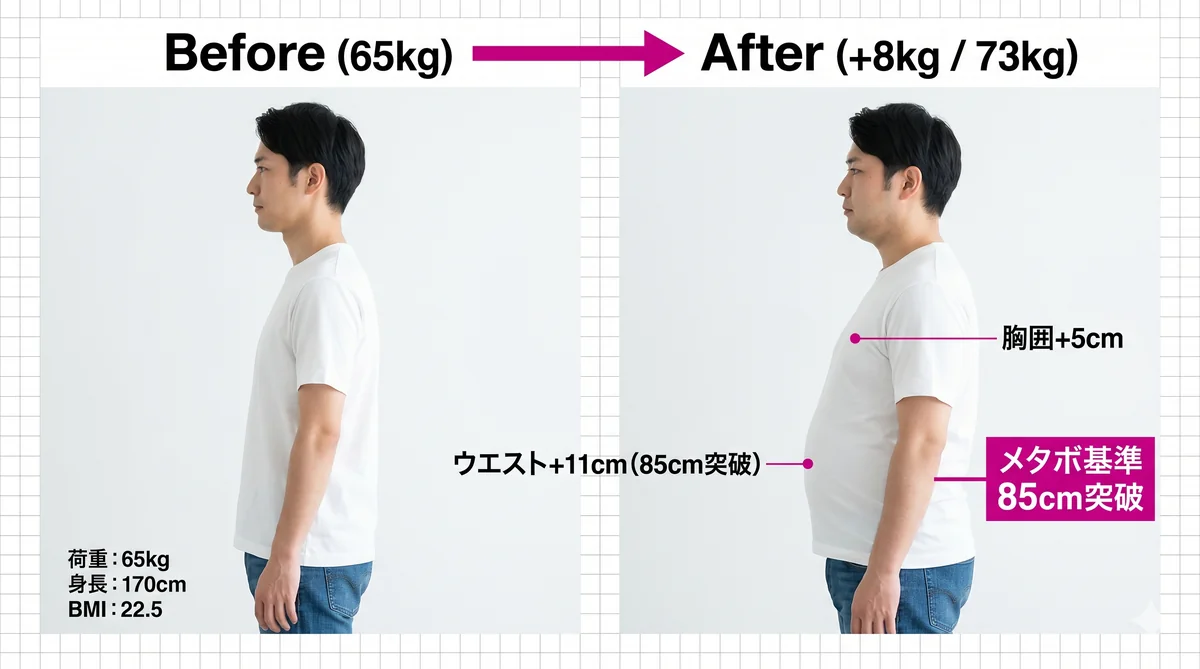 8キロ太った男性の体型変化イメージ（ビフォーアフター）