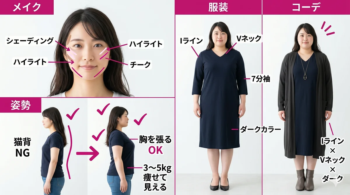 8キロ太って見えないためのメイク・服装・姿勢の4分割図解