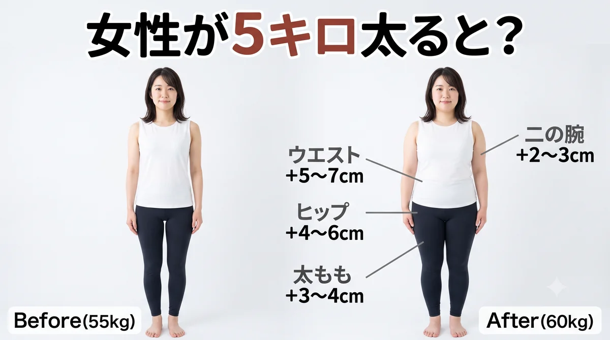 5キロ太った女性の体型変化イメージ（ビフォーアフター）