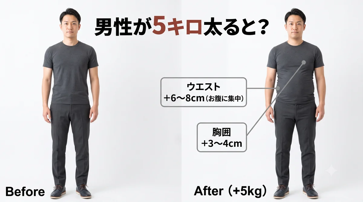 5キロ太った男性の体型変化イメージ（ビフォーアフター）