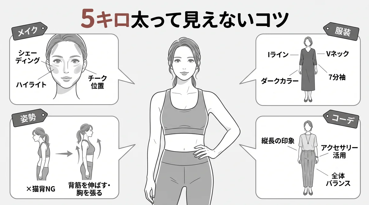 5キロ太って見えないためのメイク・服装・姿勢の4分割図解