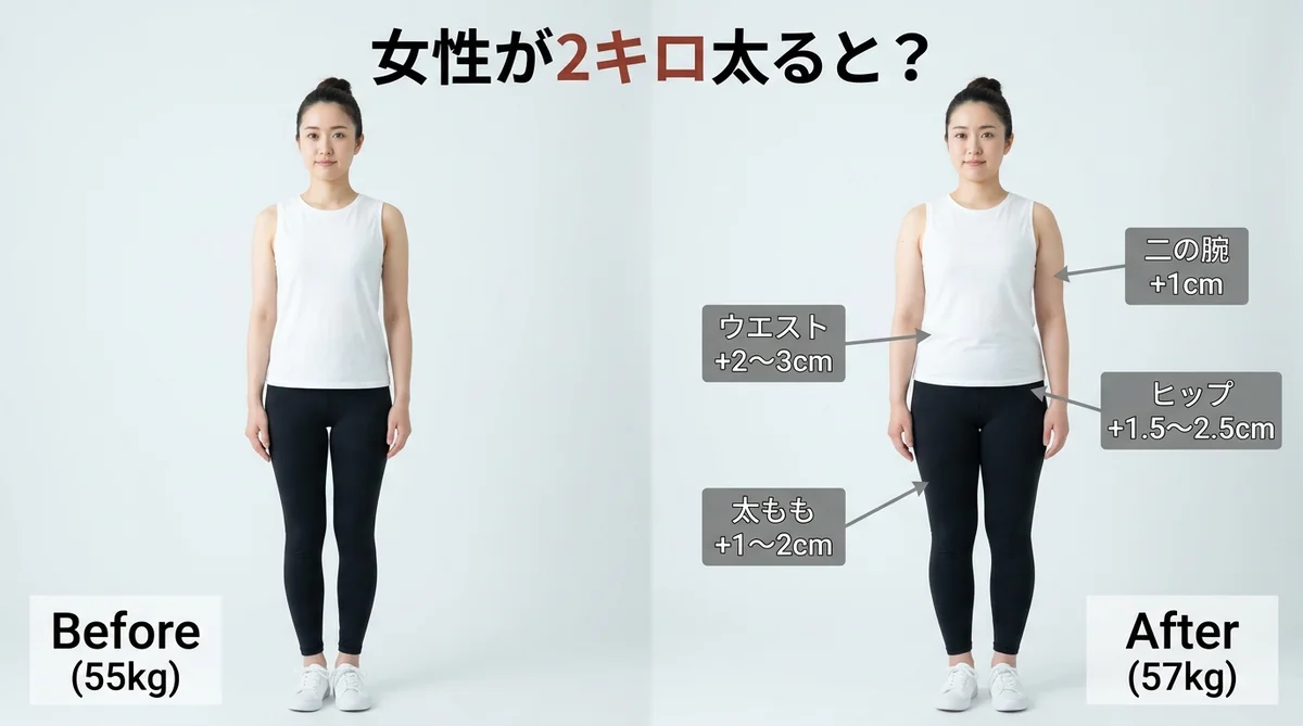 2キロ太った女性の体型変化イメージ（ビフォーアフター）