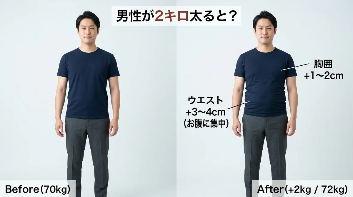 2キロ太った男性の体型変化イメージ（ビフォーアフター）