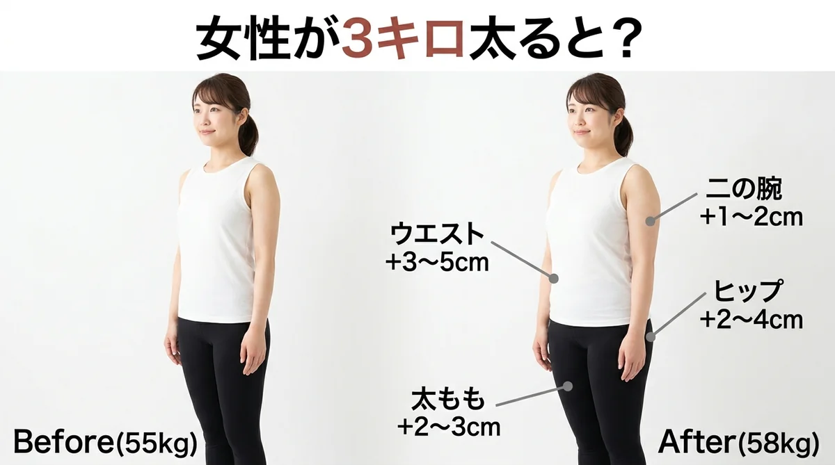 3キロ太った女性の体型変化イメージ（ビフォーアフター）