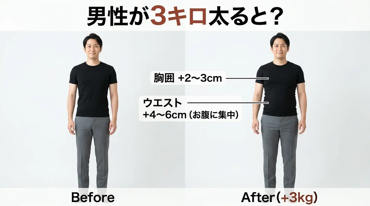 3キロ太った男性の体型変化イメージ（ビフォーアフター）