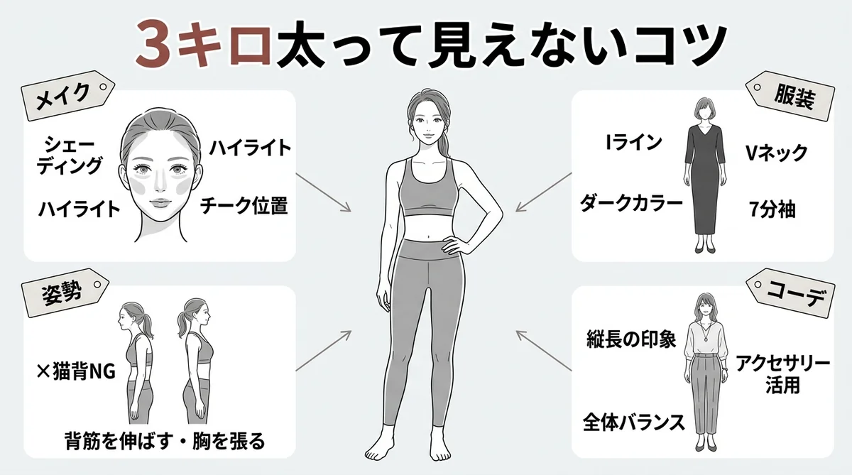 3キロ太って見えないためのメイク・服装・姿勢・コーデの4分割図解