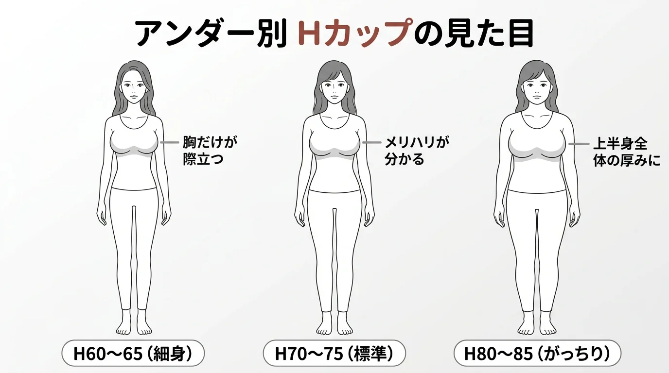 Hカップの大きさをアンダー60〜85のシルエットで比較した図解（見た目の違い）