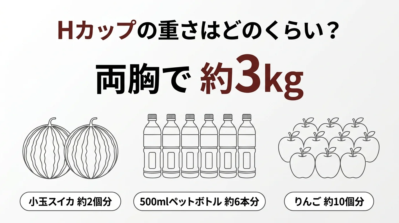 Hカップの重さ約3kgをスイカ2個・ペットボトル6本・りんご10個で例えた比較図解