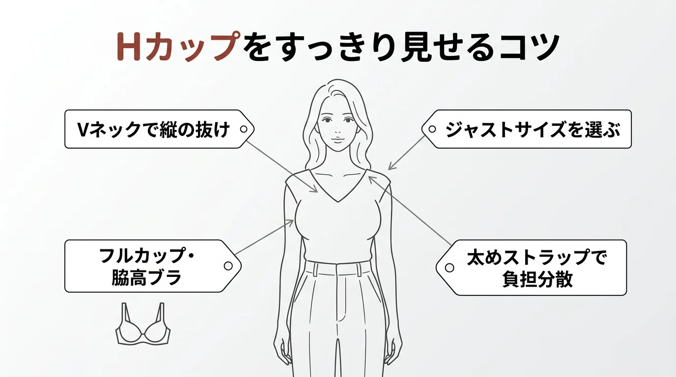 Hカップの大きさに合う服選び・ブラ選びのポイント図解