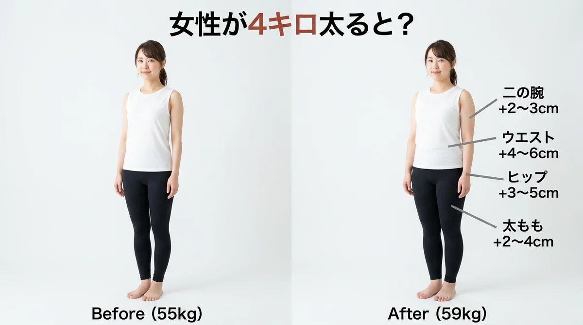 4キロ太った女性の体型変化イメージ（ビフォーアフター）