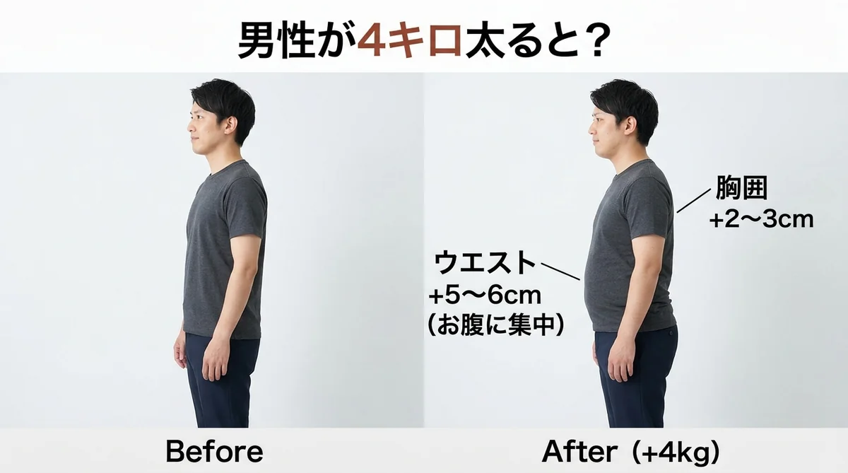 4キロ太った男性の体型変化イメージ（ビフォーアフター）
