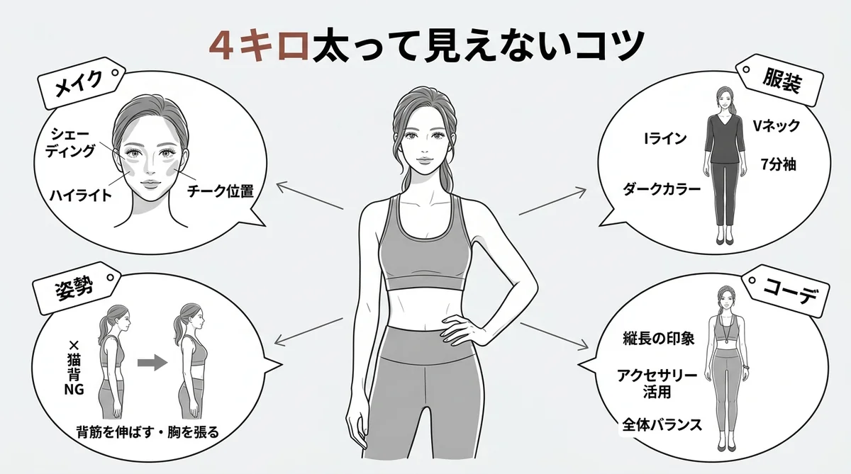 4キロ太って見えないためのメイク・服装・姿勢・コーデの4分割図解