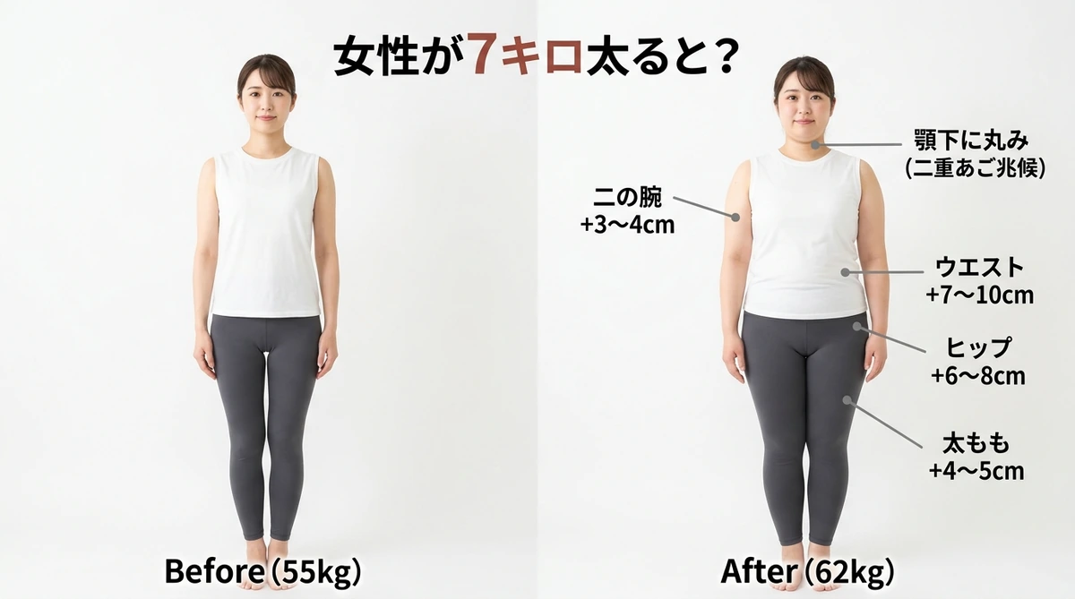 7キロ太った女性の体型変化イメージ（ビフォーアフター）