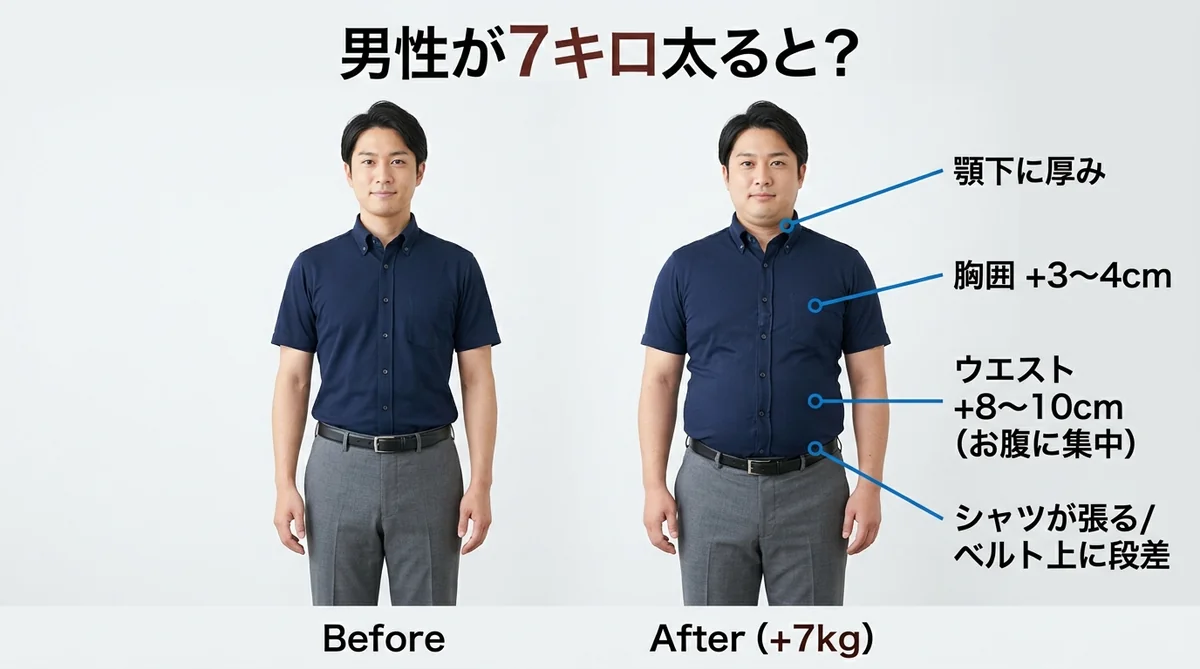 7キロ太った男性の体型変化イメージ（ビフォーアフター）