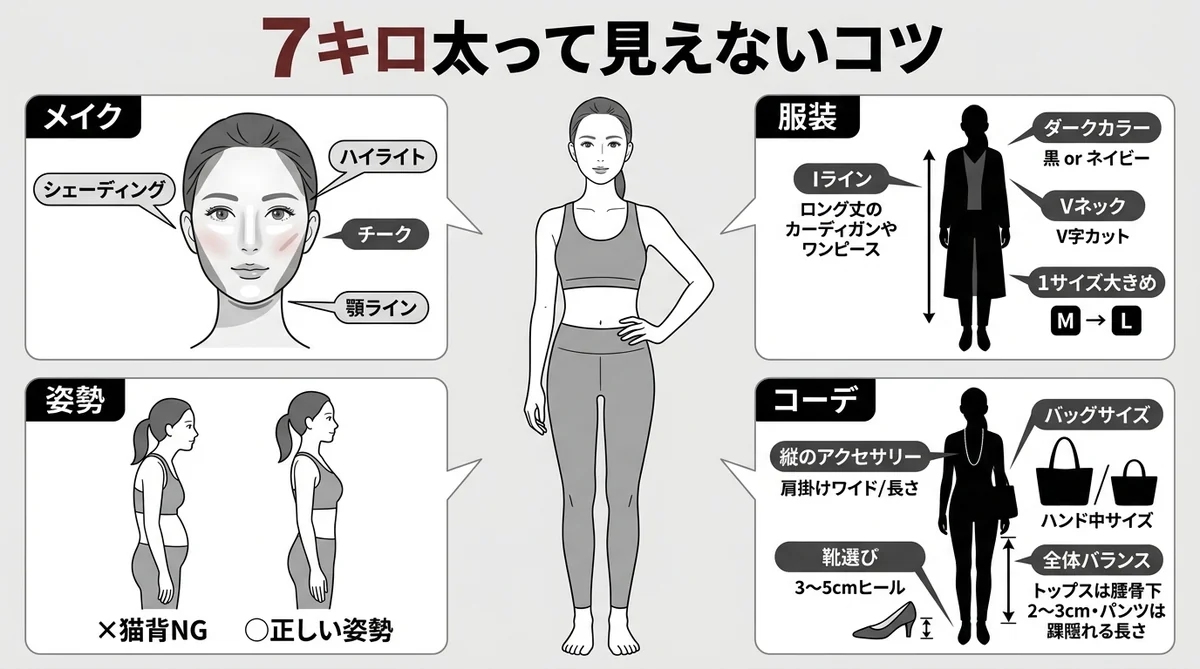 7キロ太って見えないためのメイク・服装・姿勢・コーデの4分割図解
