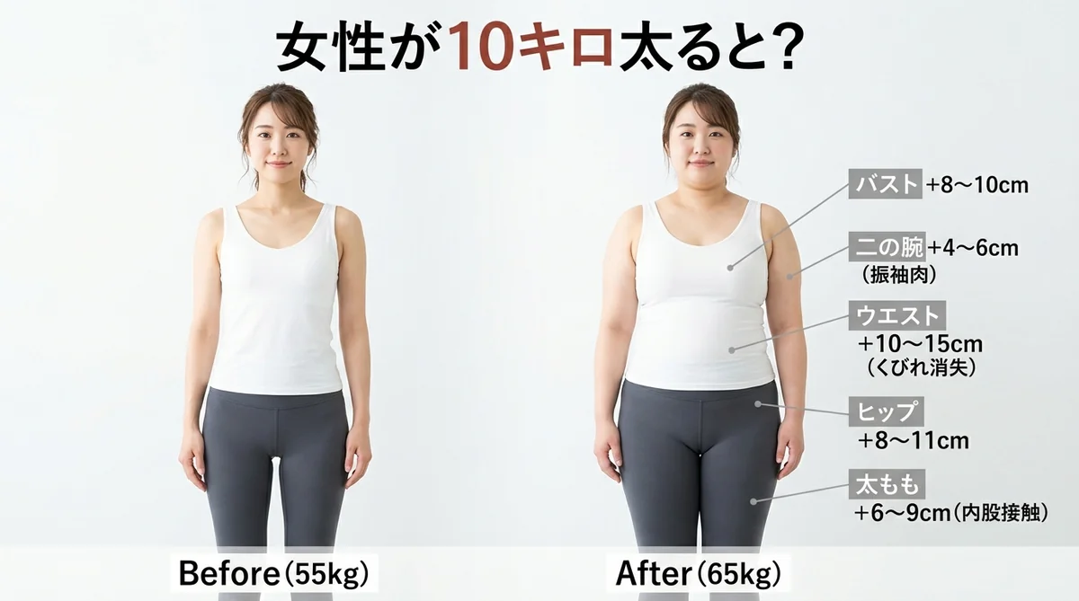 10キロ太った女性の体型変化イメージ（ビフォーアフター）