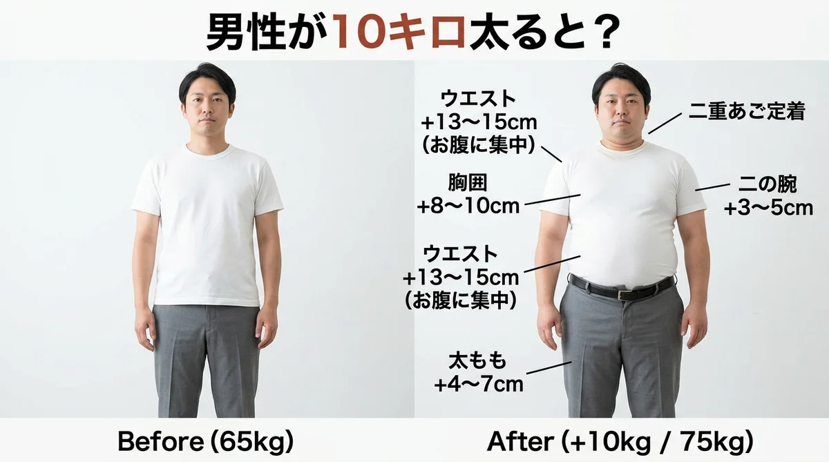 10キロ太った男性の体型変化イメージ（ビフォーアフター）