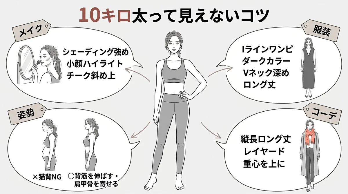 10キロ太って見えないためのメイク・服装・姿勢・コーデの4分割図解