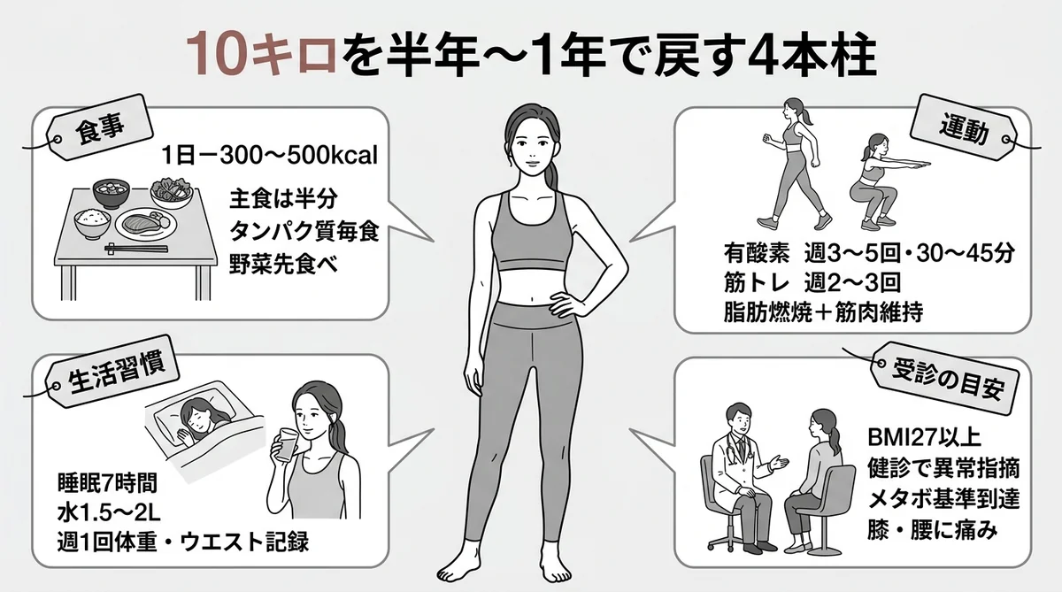 10キロ増の医学的影響と体型を戻すための全体ロードマップ図解