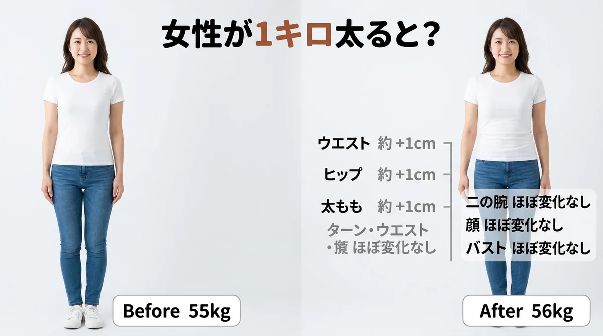 1キロ太った女性の体型変化イメージ（ビフォーアフター）