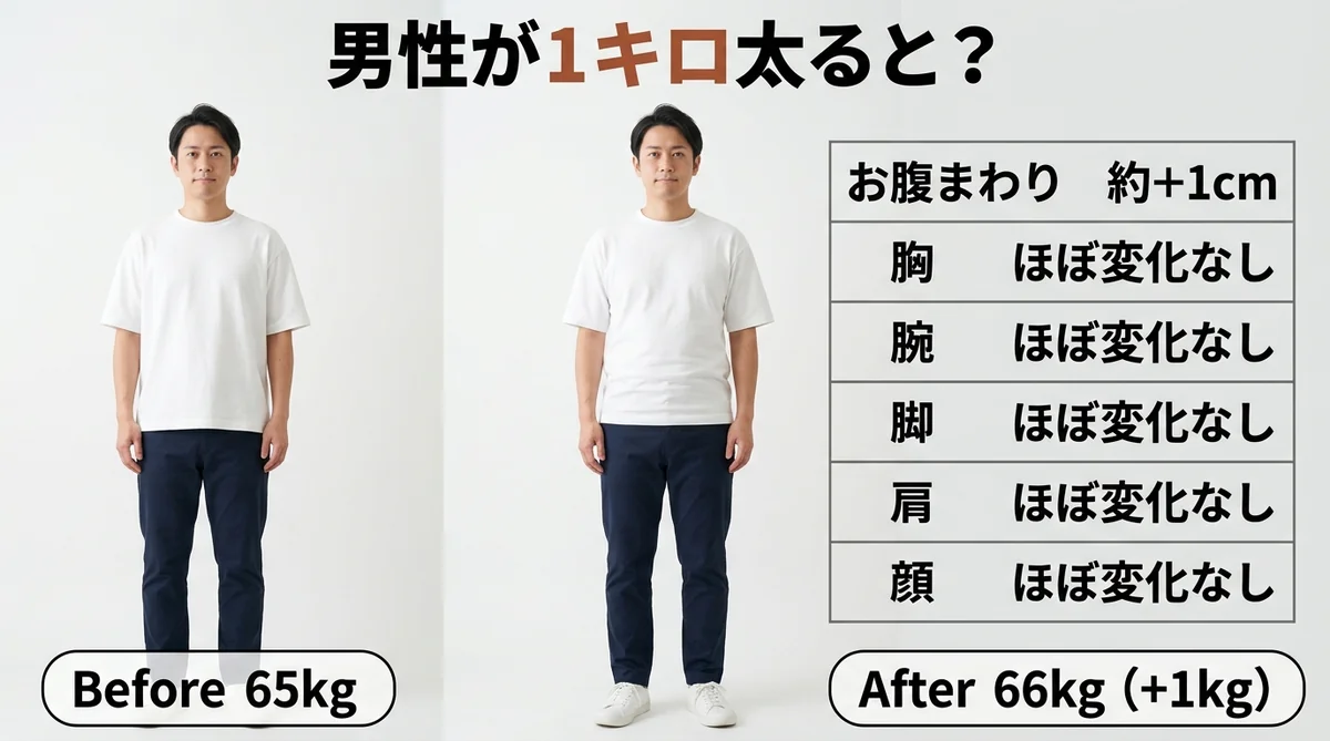 1キロ太った男性の体型変化イメージ（ビフォーアフター）