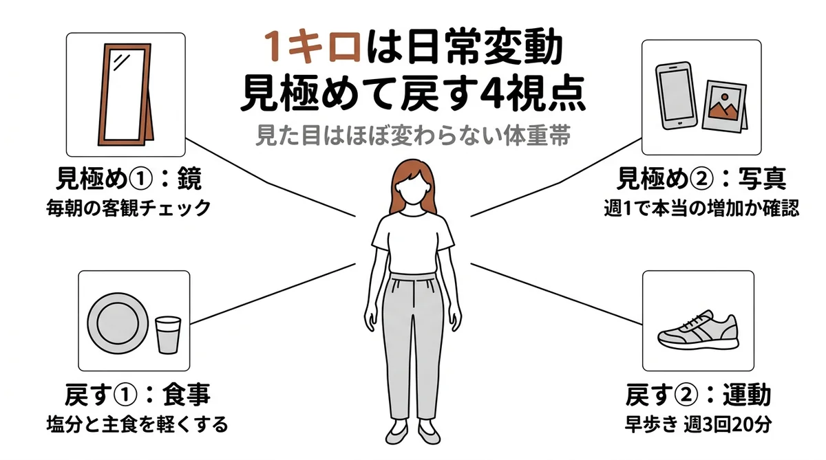 1キロと向き合う3ステップ図解（客観視・短期リセット・日常維持）