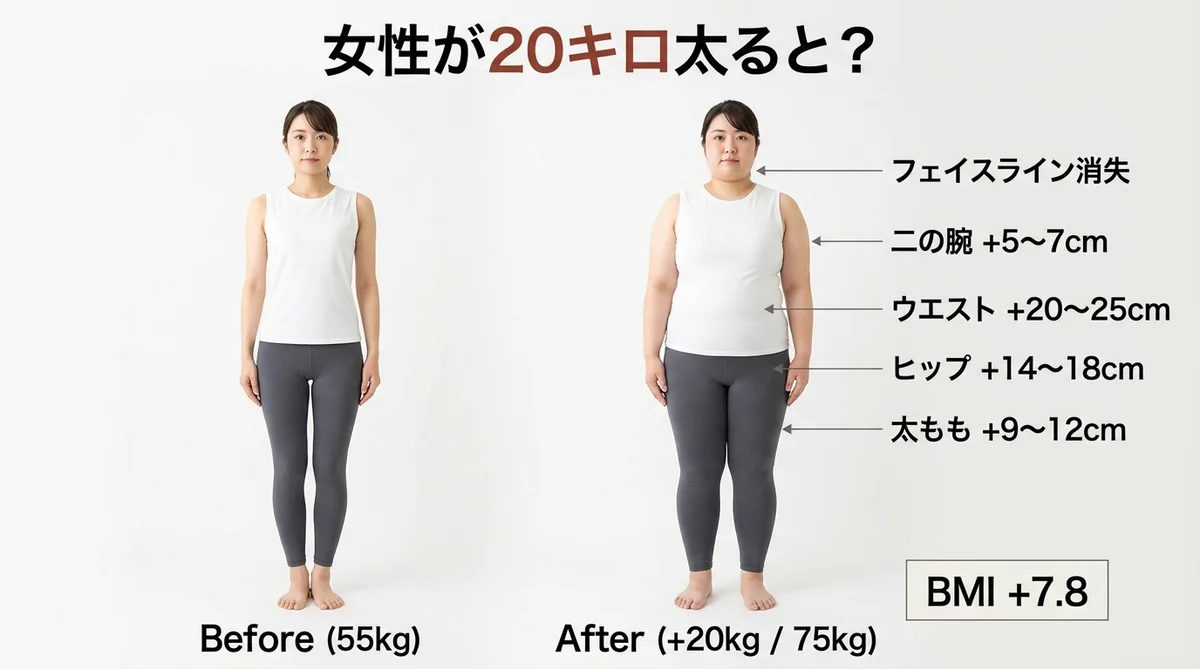 20キロ太った女性の見た目変化：ウエスト+20〜25cm・ヒップ+14〜18cmの部位別ビフォーアフター