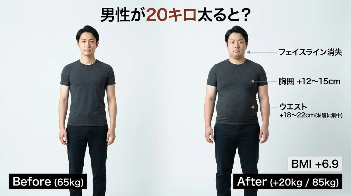20キロ太った男性の見た目変化：ウエスト+18〜22cm（お腹に集中）・BMI +6.9のビフォーアフター