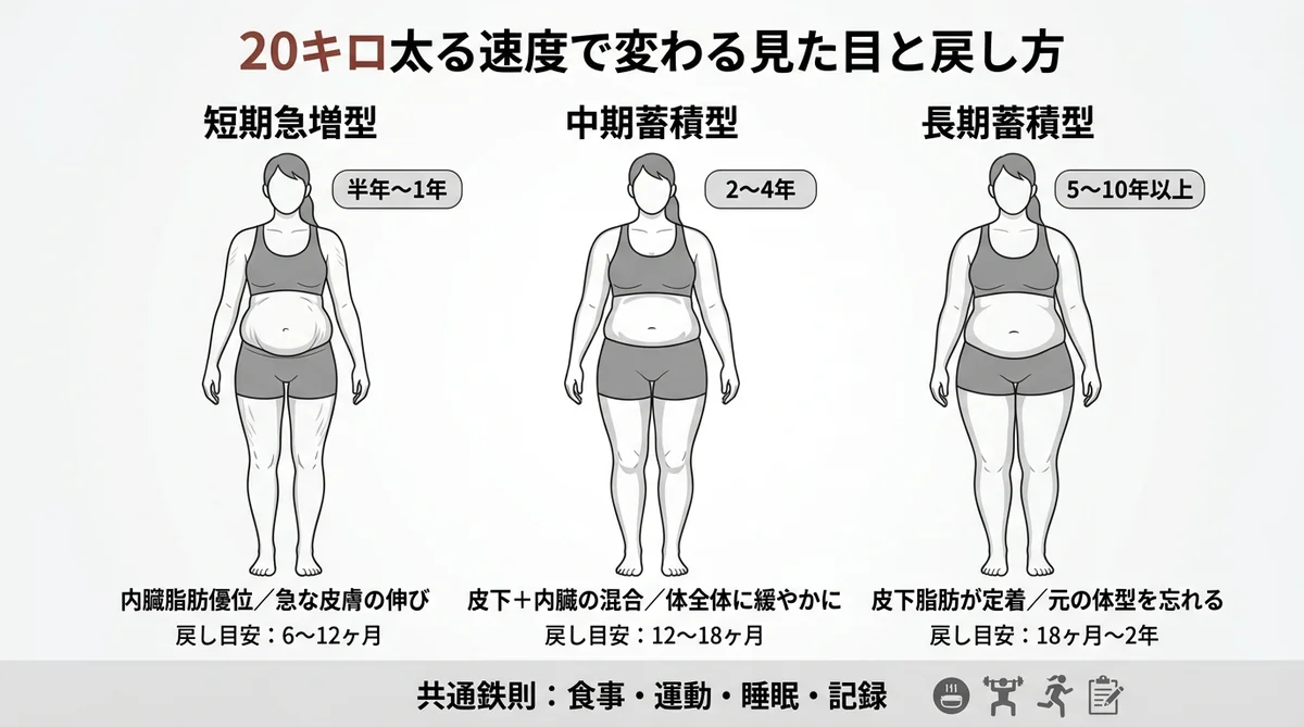20キロ太る速度で変わる見た目：短期急増型（半年〜1年）／中期蓄積型（2〜4年）／長期蓄積型（5〜10年以上）の戻し方目安つき図解