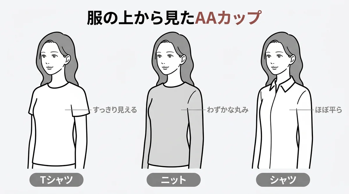 AAカップの見た目をTシャツ・ニット・シャツの服の上から比べたシルエット図解