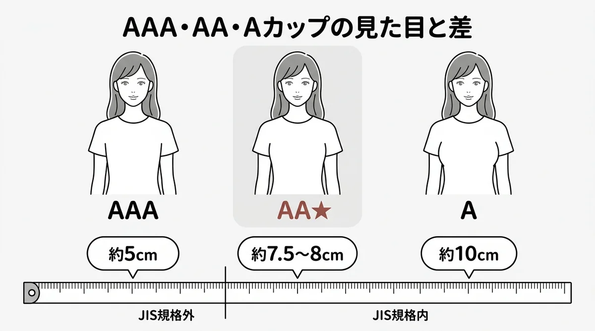 AAAカップ・AAカップ・Aカップの見た目とトップとアンダーの差を並べて比べた図解