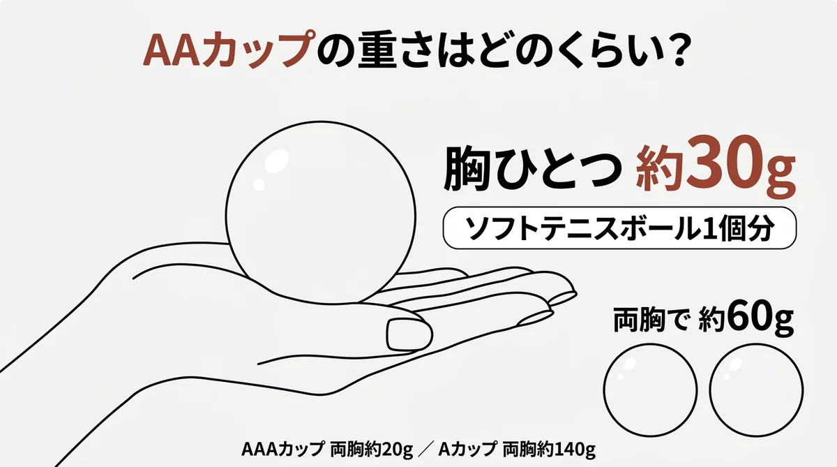 AAカップの重さを胸ひとつ約30g=ソフトテニスボール1個分で示した比較図解