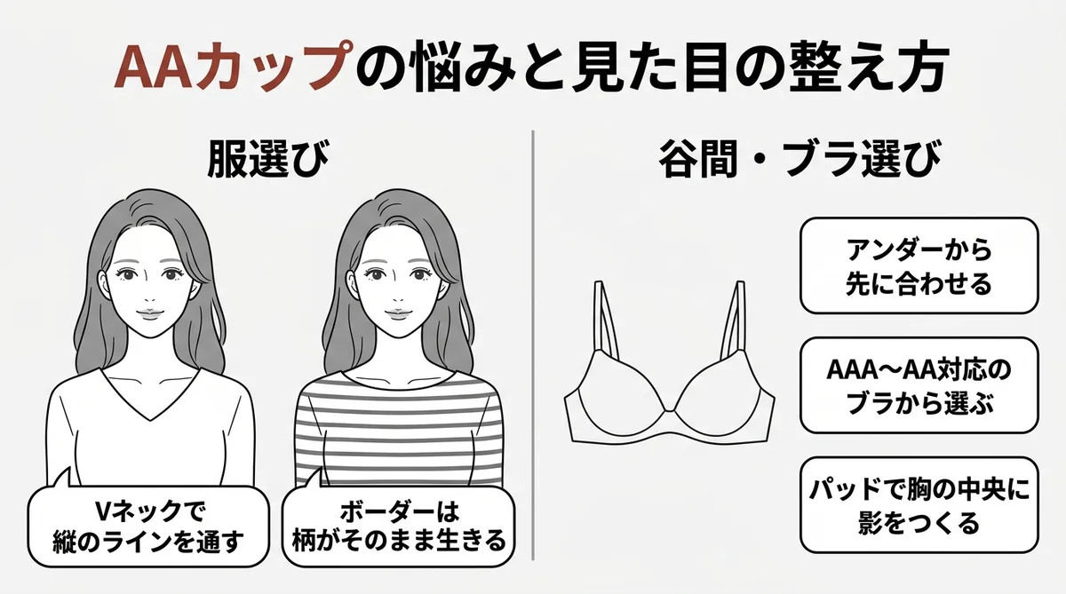 AAカップの悩み(谷間・服・ブラ)への向き合い方をまとめた図解