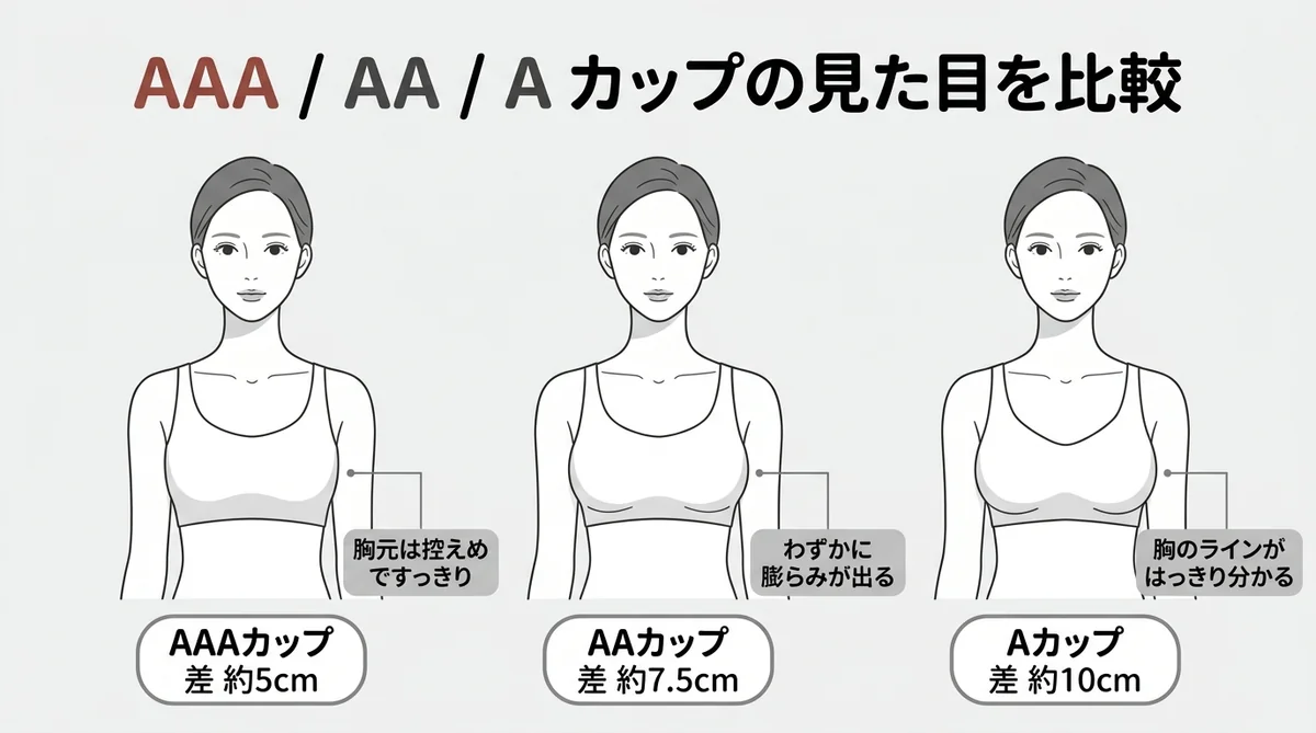 AAAカップとAAカップ・Aカップの差（5cm/7.5cm/10cm）を横並びで比較した早見図解