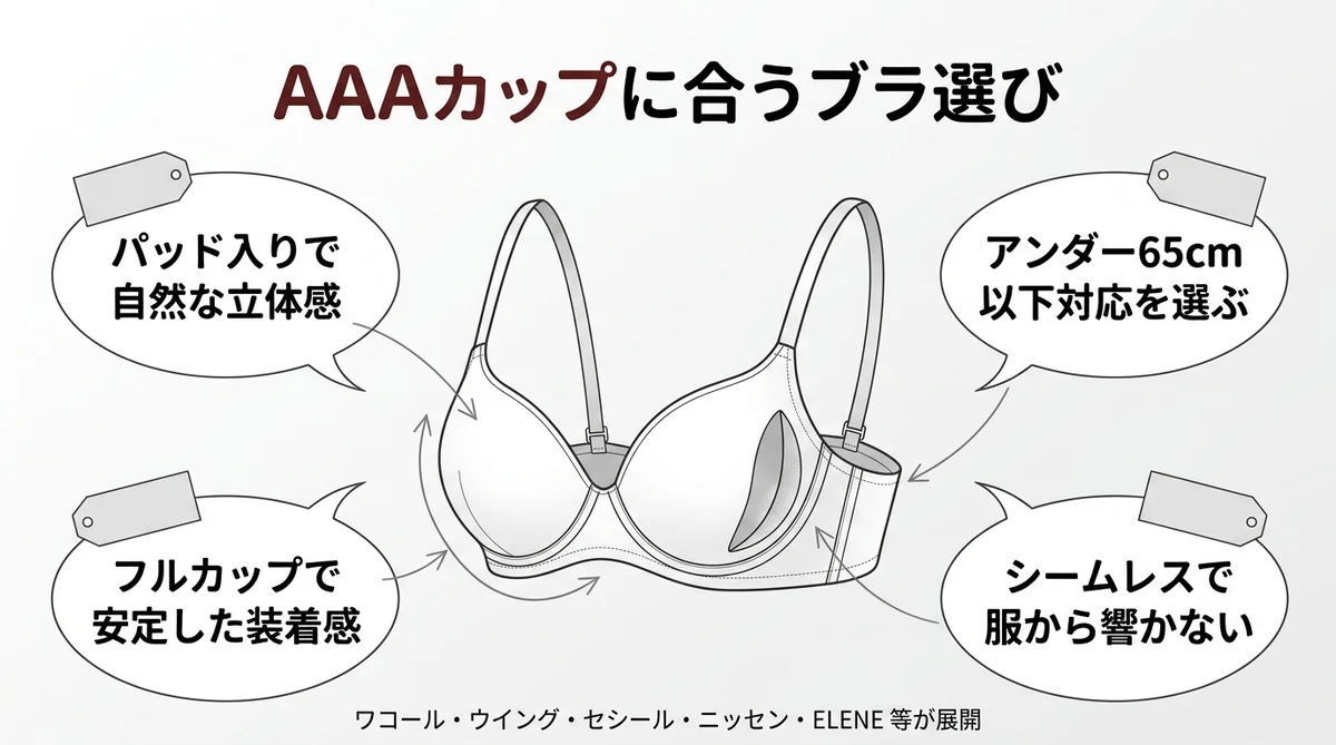 AAAカップに合うブラ選びの4ポイント（パッド活用・アンダーサイズ・フルカップ・シームレス）を示した図解