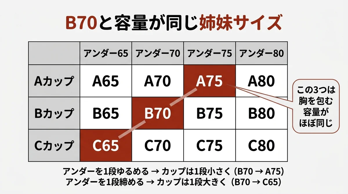 Bカップの大きさを姉妹サイズで比べた図解(B70と容量が同じA75・C65)