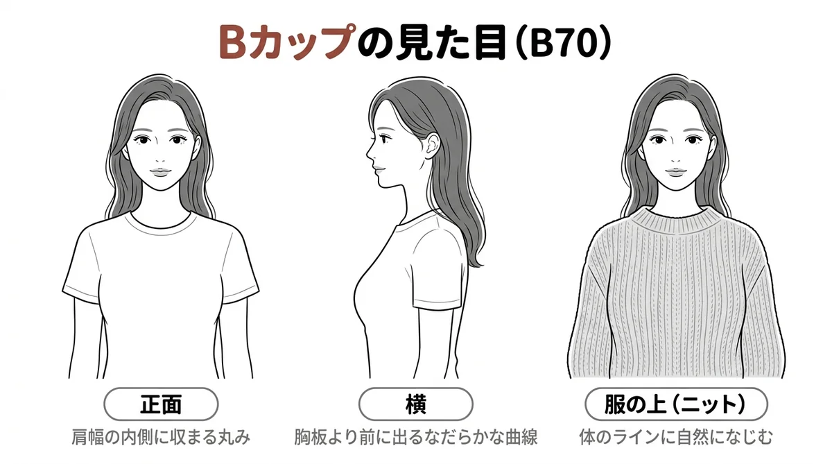 Bカップの大きさと見た目を正面・横・服の上の3方向から描いたシルエット図解