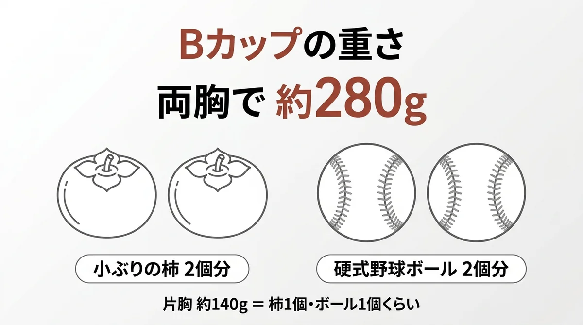 Bカップの重さ約280gを柿2個・硬式野球ボール2個で例えた比較図解