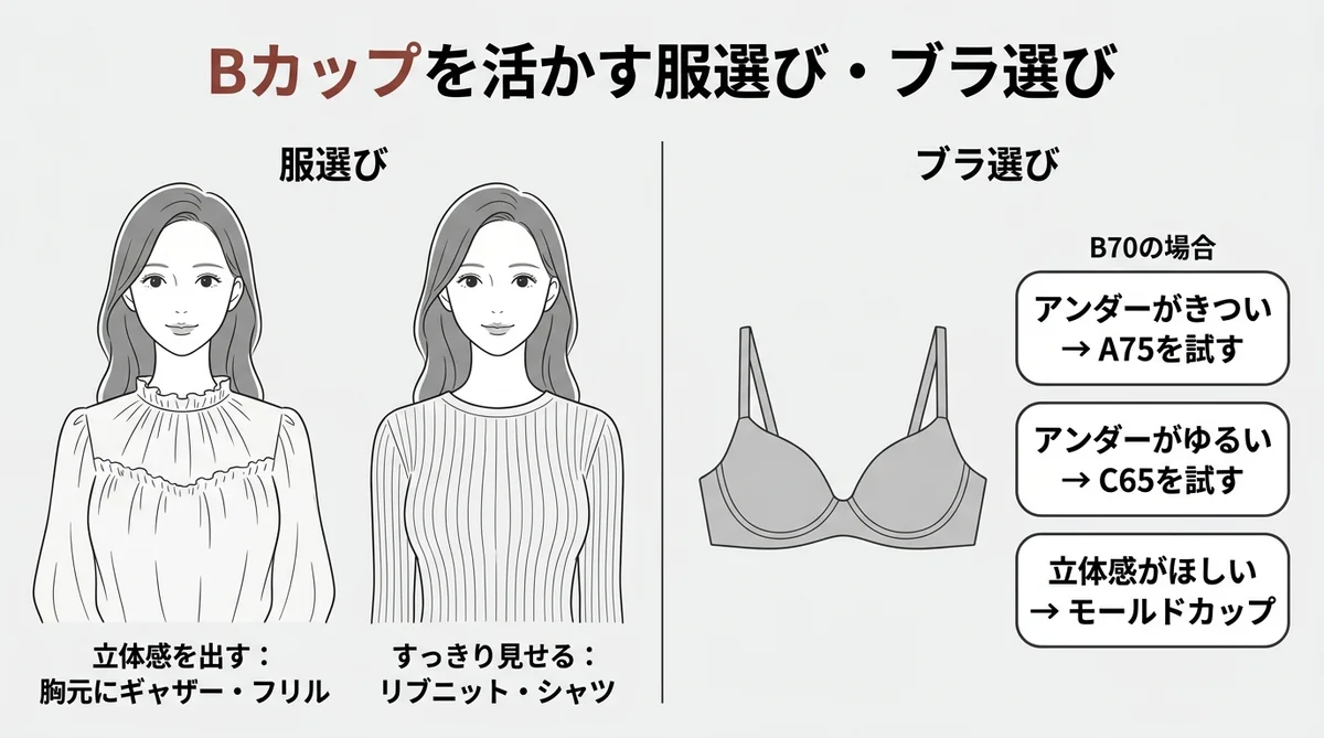 Bカップの見た目を活かす服選びとブラ選びのポイント図解