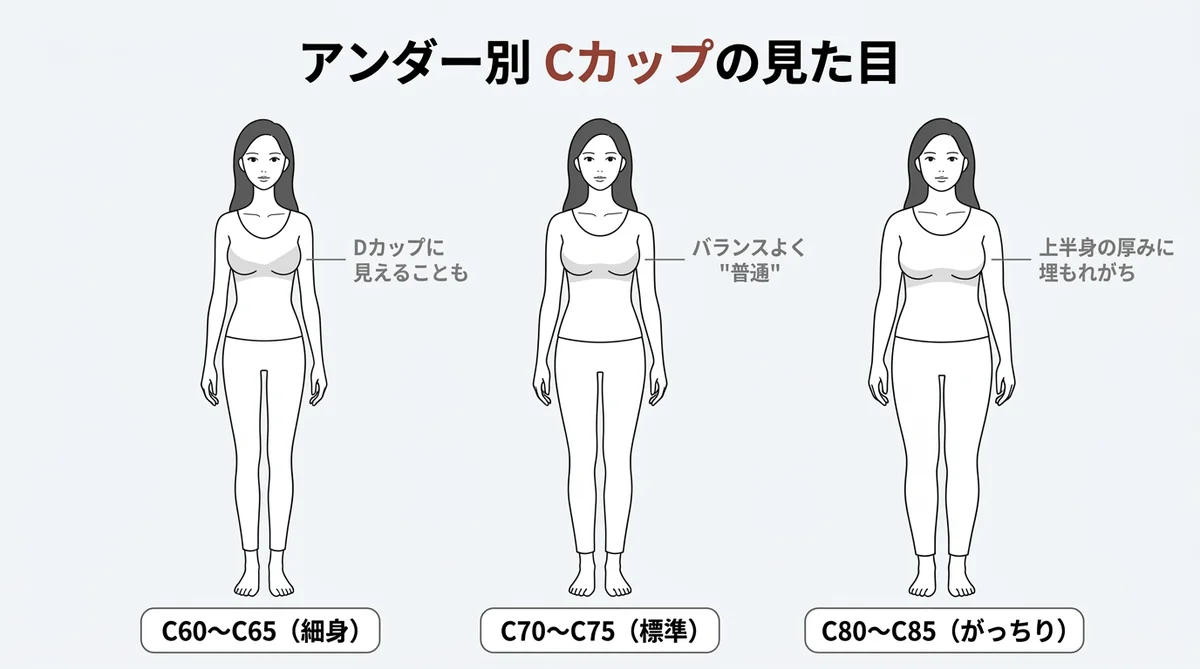 Cカップの大きさをアンダーC60〜C85のシルエットで比較した図解