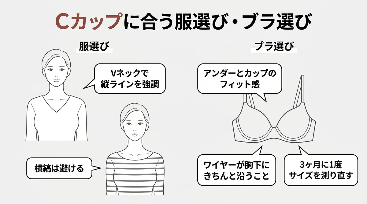 Cカップの大きさに合う服選び・ブラ選びのポイント図解