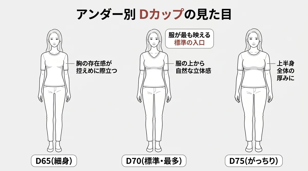 Dカップの見た目・シルエットを服の上・アンダー別（D65/D70/D75）・身長別で図解した比較図