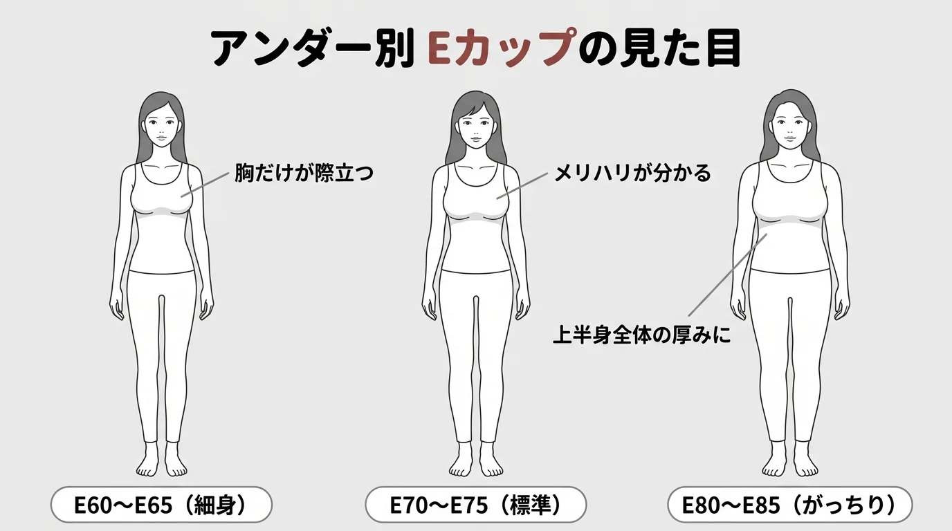 Eカップの大きさをアンダーE60〜E85のシルエットで比較した図解（服のシルエット違い）