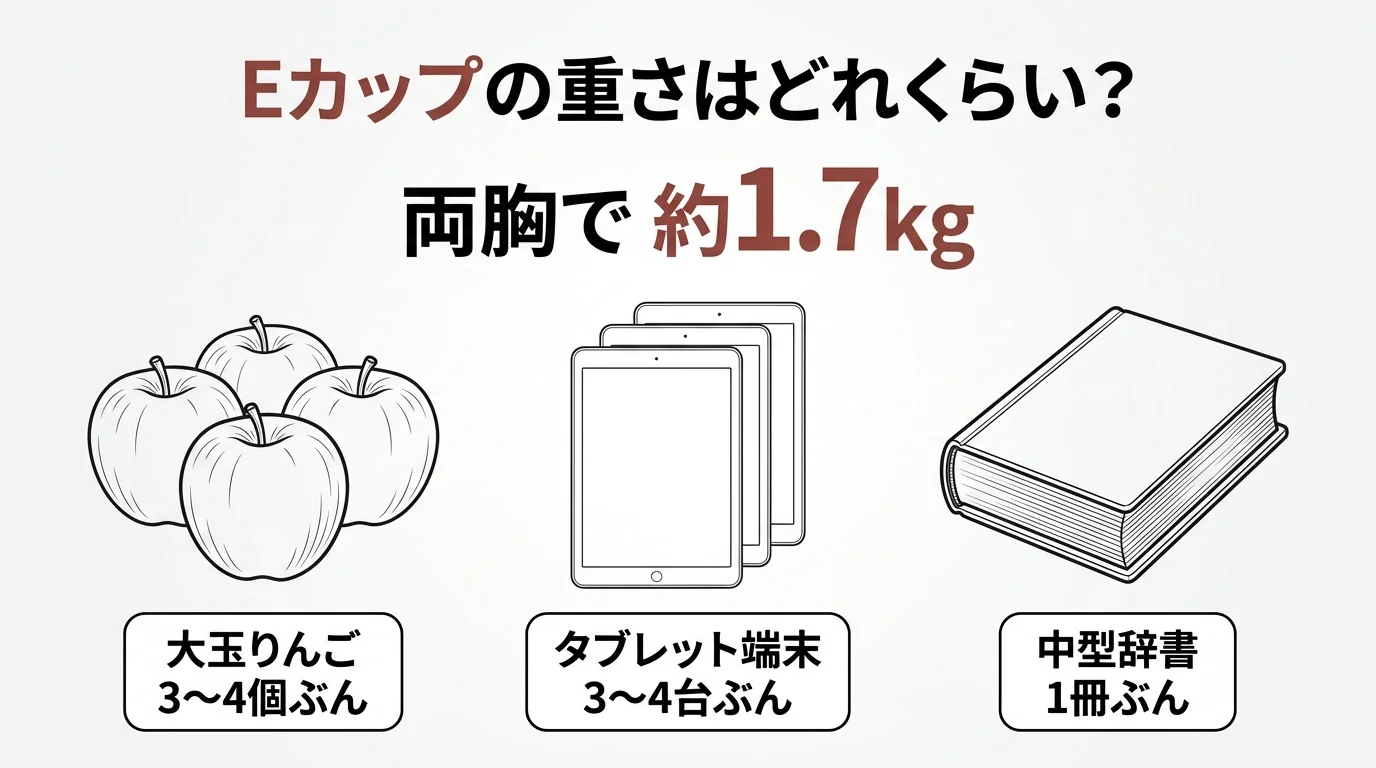 Eカップの重さ約1.7kgを大玉りんご・タブレット端末・辞書で例えた比較図解
