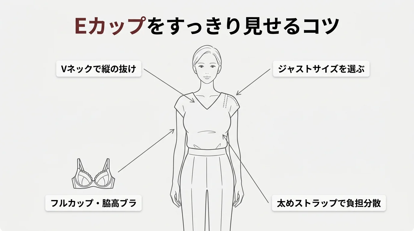 Eカップの大きさに合う服選び・ブラ選びのポイント図解