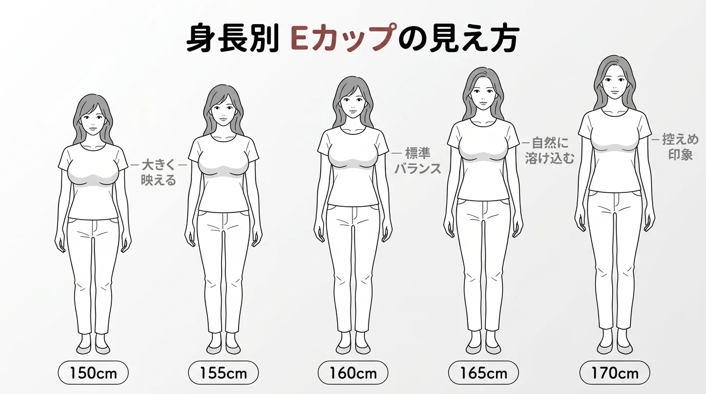 Eカップの見え方を身長150〜170cm別で比較したシルエット図解