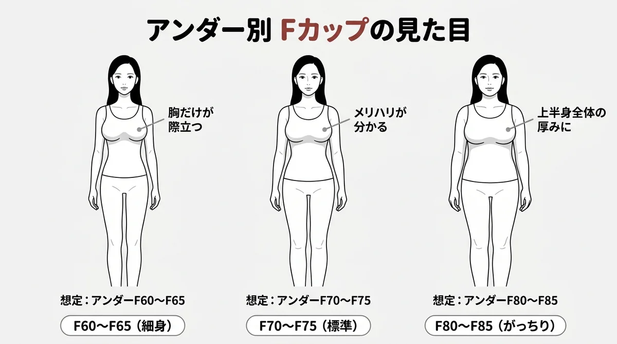 Fカップの大きさをアンダーF60〜F85のシルエットで比較した図解（服のシルエット違い）