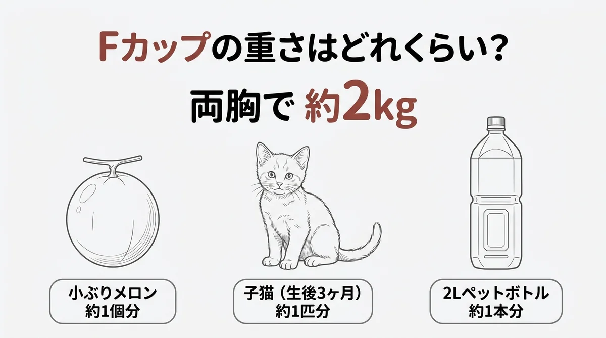 Fカップの重さ約2kgをメロン・子猫・2Lペットボトルで例えた比較図解